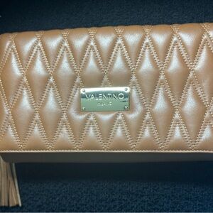 Valentino Tan Quilted Clutch with Tassel Detail